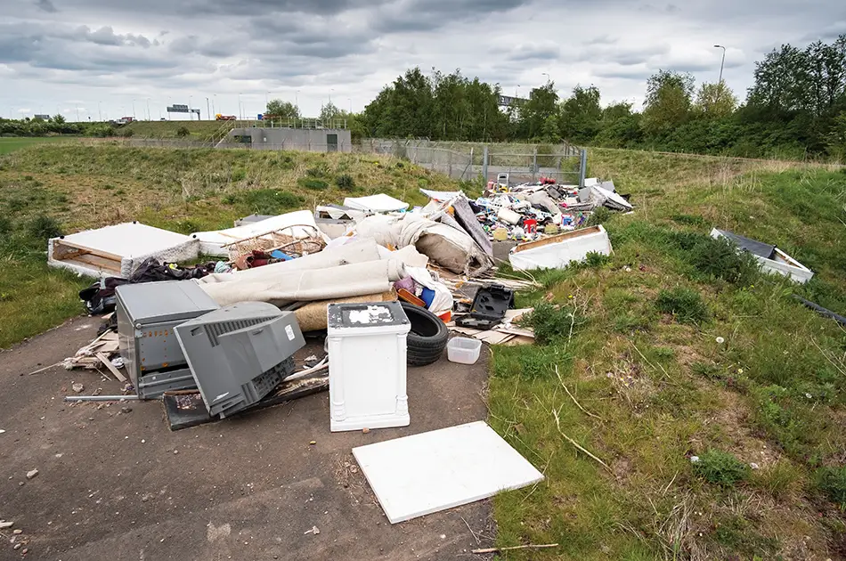 A pile of assorted rubbish, including appliances, carpets, and tyres, dumped on a roadside area near grass and a fence, with cloudy skies overhead.