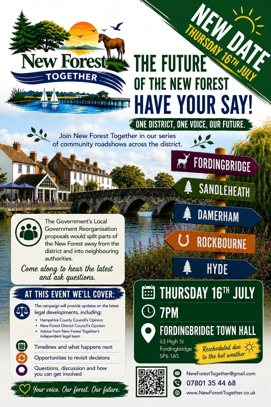 Colourful poster for a New Forest Together event on 16 July at Fordingbridge Town Hall, inviting residents to discuss the future of the New Forest with local government. Topics listed, scenic images, contact info, and icons are included.