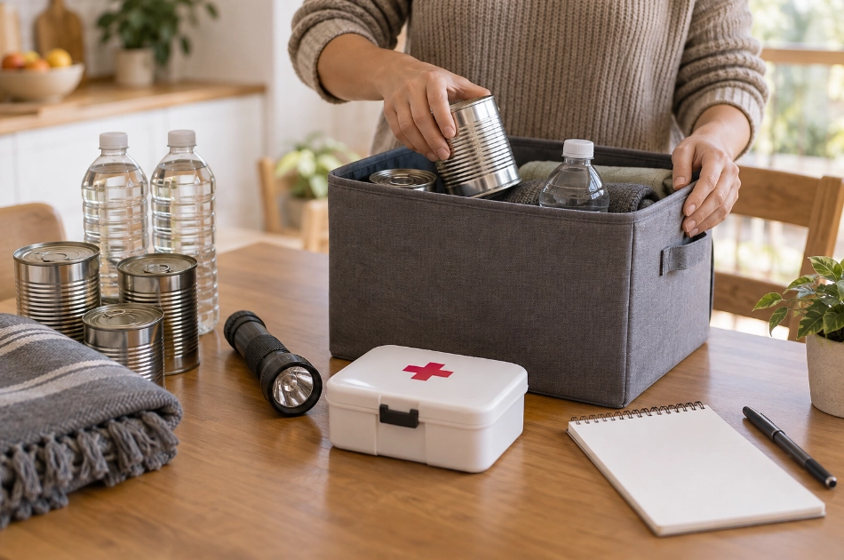 A person packing an emergency kit with tinned goods, water bottles, a first aid box, a torch, and a notepad on a wooden table.