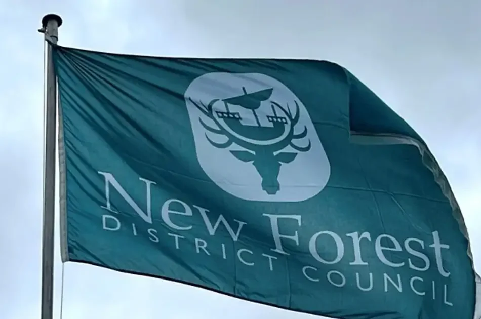 The New Forest District Council flag, featuring a white stag head logo with a ship atop its antlers on a dark green background, shown during the 2027/28 budget consultation.